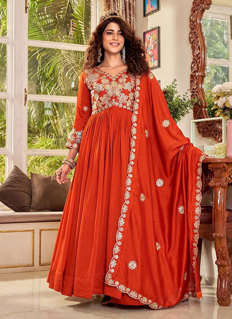 Orange Vichitra Silk Embroidered Sequins Anarkali Suit Festive Wear