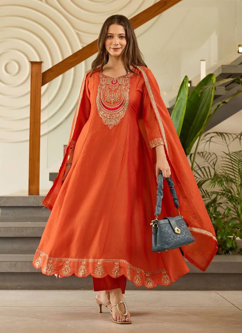 Orange Vichitra Silk Embroidered Sequins Anarkali Suit Festive Wear
