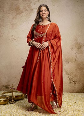 Orange Vichitra Silk Embroidered Straight Pant Suit