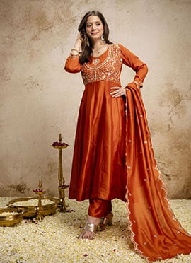 Orange Vichitra Silk Embroidered Straight Pant Suit
