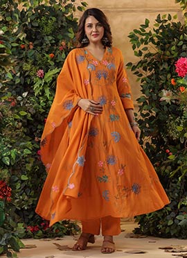 Orange Viscose Chanderi Embroidered Anarkali Suit