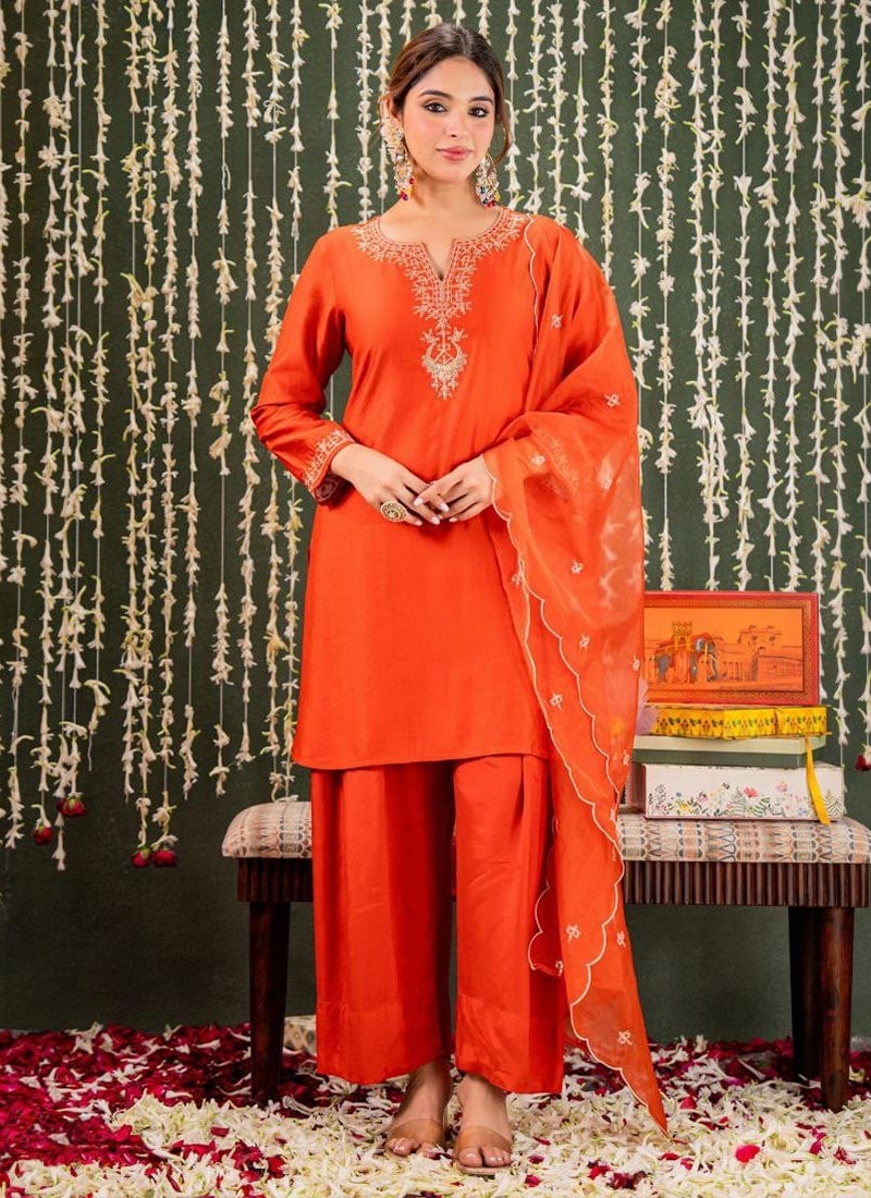 Orange Viscose Chanderi Embroidered Farshi Salwar Suit After Six Wear