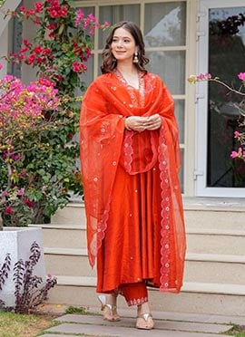 Orange Viscose Chanderi Embroidered Sequins Anarkali Suit