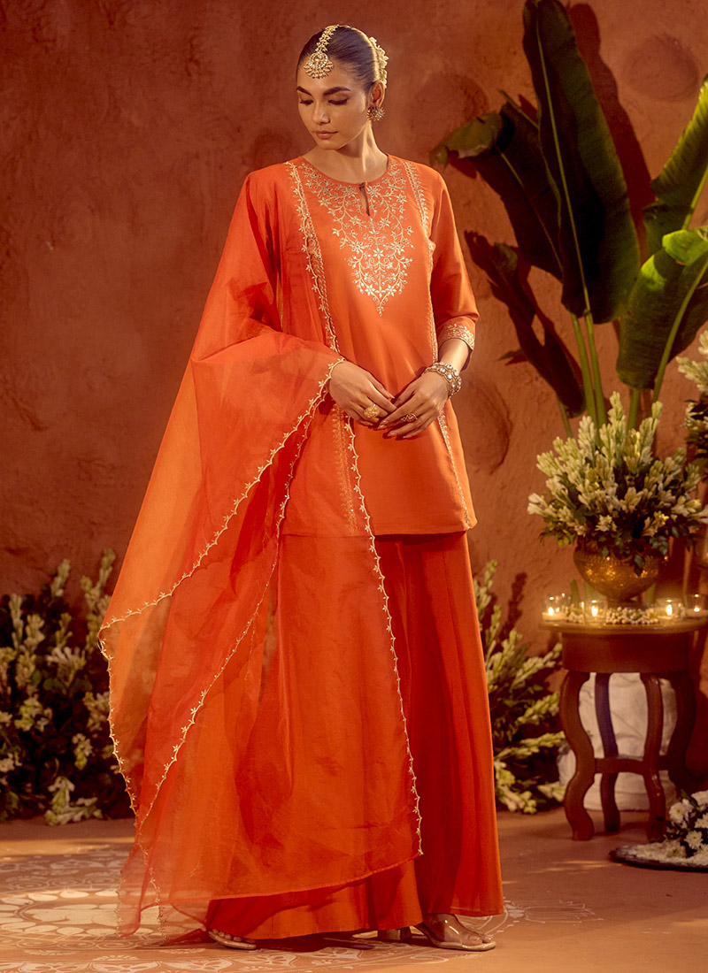 Orange Viscose Chanderi Embroidered Sequins Palazzo Suit Festive Wear