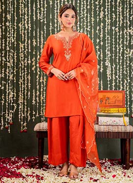 Orange Viscose Chanderi Embroidered Sequins Salwar Suit