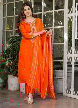 Orange Viscose Chanderi Embroidered Sequins Straight Pant Suit With Jacquard Dupatta