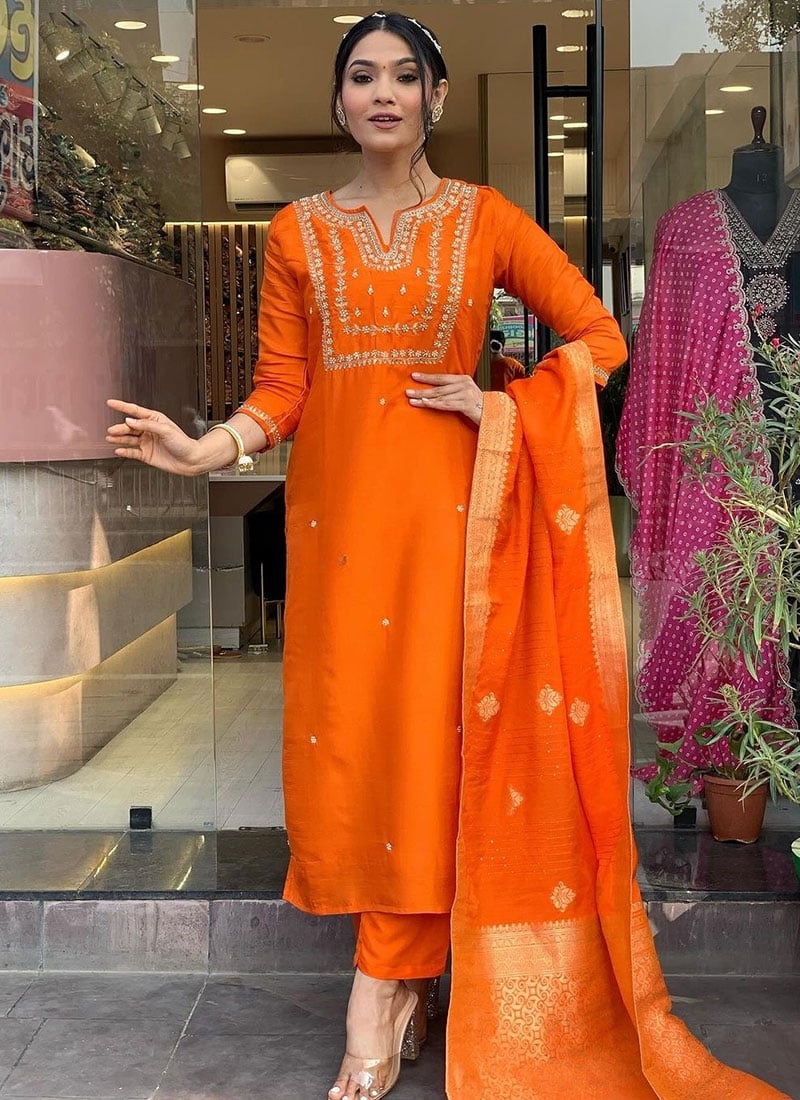 Orange Viscose Chanderi Embroidered Staight Pant Suit With Jacquard Dupatta After Six Wear