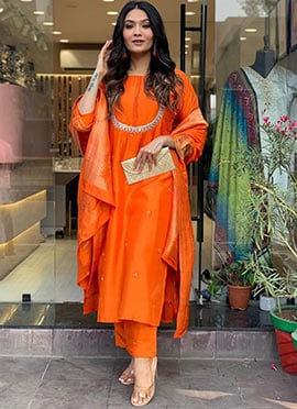 Orange Viscose Chanderi Embroidered Straight Pant Suit With Jacquard Duppatta
