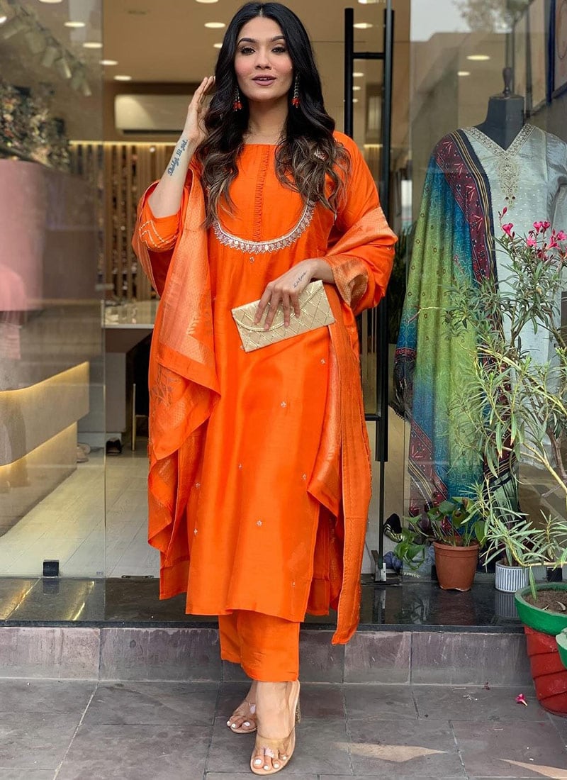 Orange Viscose Chanderi Embroidered Straight Pant Suit With Jacquard Duppatta Festive Wear