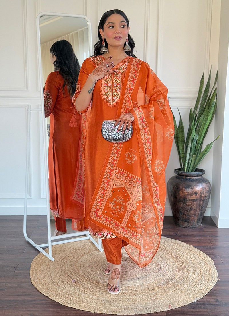 Orange Viscose Embroidered Straight Pant Suit With Printed Dupatta Festive Wear