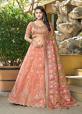 Orange Viscose Embroidered Zari And Gota Umbrella Lehenga Wedding Wear