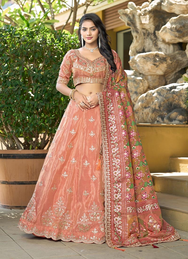 Orange Viscose Embroidered Zari And Gota Umbrella Lehenga