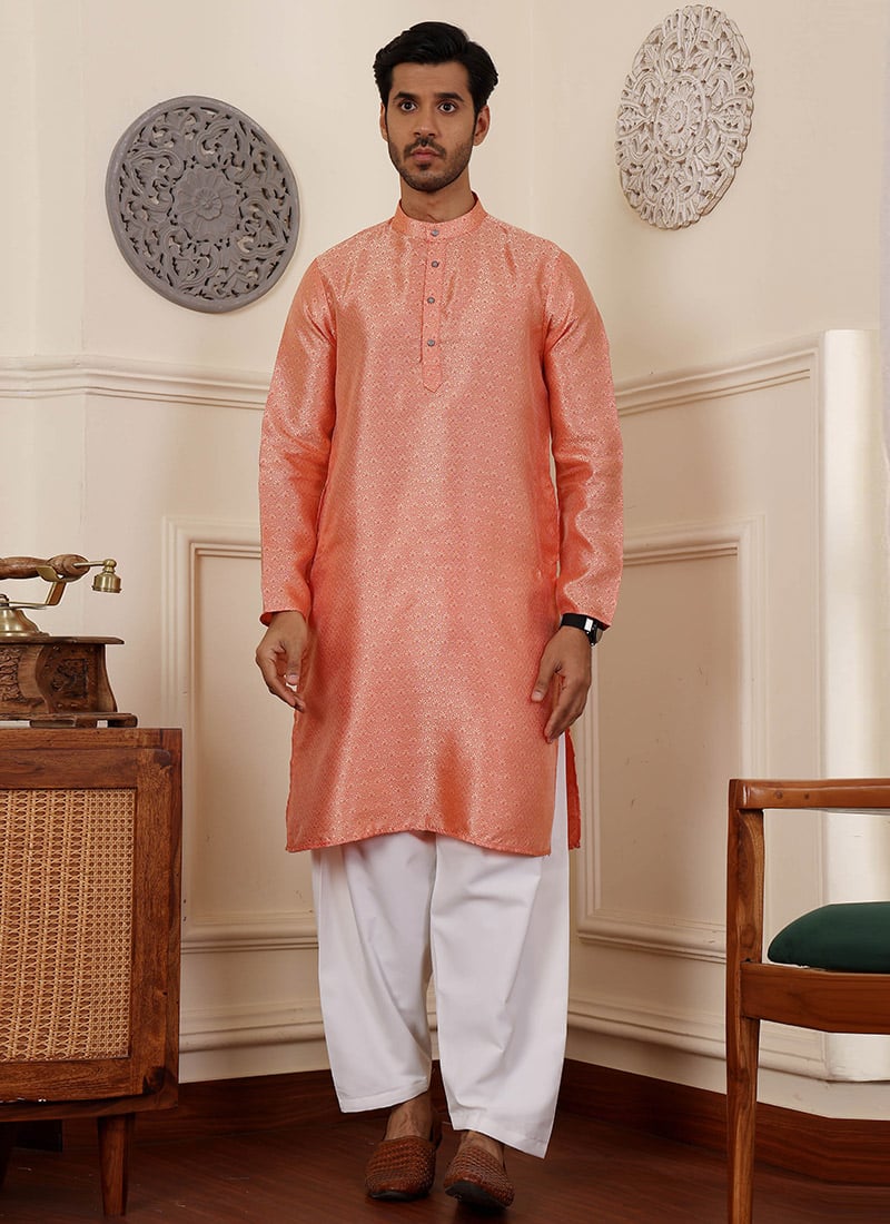 Orange Viscose Jacquard Kurta
