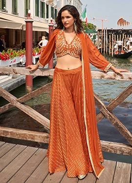 Orange Viscose Jacquard Silk Embroidered Beads And Stones Palazzo Set Wedding Wear