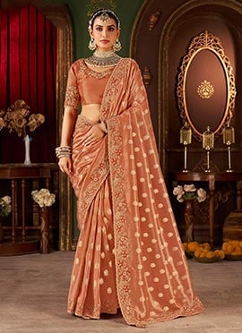 Orange Viscose Jacquard Tissue Zari Embroidered Sequins Beads And Stone Work Saree