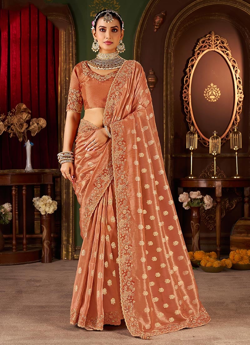 Orange Viscose Jacquard Tissue Zari Embroidered Sequins Beads And Stone Work Saree Wedding Wear