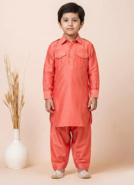 Orange Viscose Kids Boys Pathani Set
