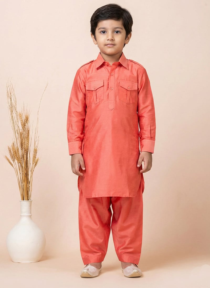 Orange Viscose Kids Boys Pathani Set Festive Wear