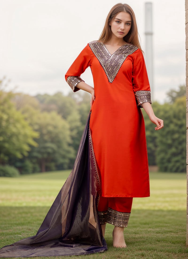Orange Viscose Rayon Embroidered Sequins Straight Pant Suit After Six Wear