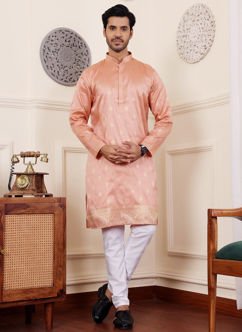Orange Viscose Woven Jacquard Kurta Pyjama Festive Wear