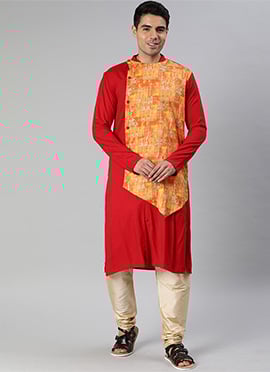 Orange Yellow Printed Overlapped Kurta Set