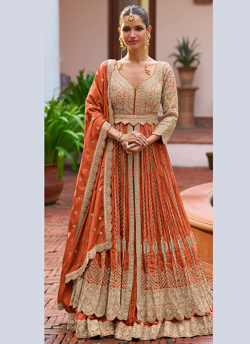 Orange Zari Embroidered Chinon Silk Anarkali Suit Wedding Wear