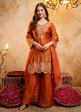 Orange Zari Embroidered Sequins Fandy Silk Palazzo Suit
