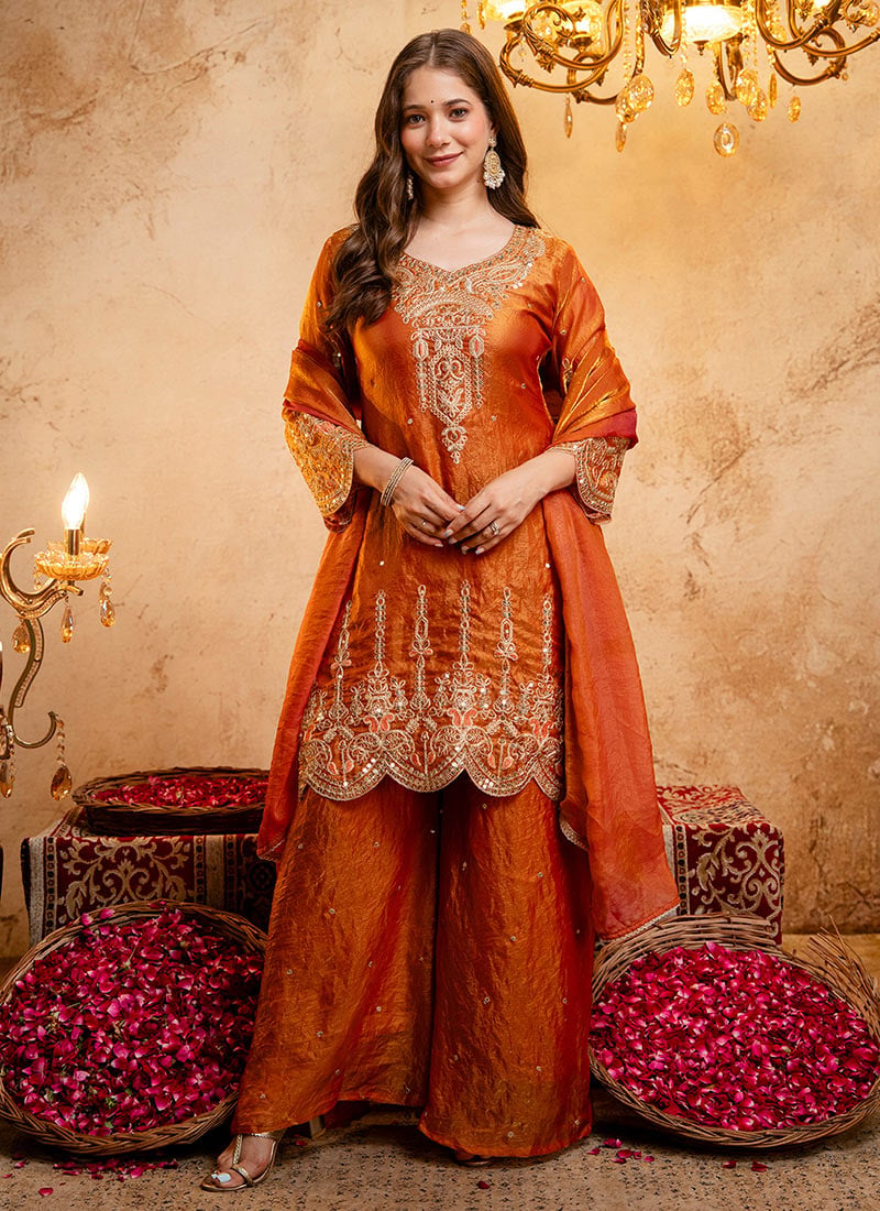 Orange Zari Embroidered Sequins Fandy Silk Palazzo Suit Festive Wear
