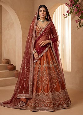 Orange Zari Hand Embroidered Sequins Gadhwal Silk Bridal Lehenga Set