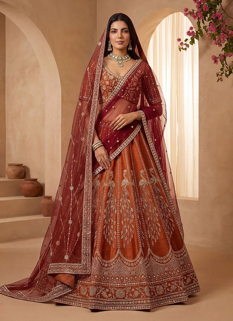 Orange Zari Hand Embroidered Sequins Gadhwal Silk Bridal Lehenga Set Wedding Wear