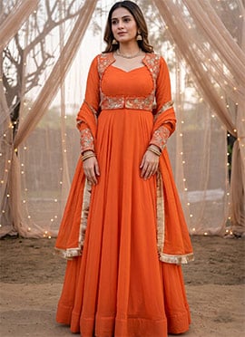 Orange Zari Sequins Embroidered Georgette Anarkali Suit
