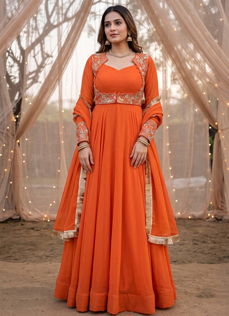 Orange Zari Sequins Embroidered Georgette Anarkali Suit Festive Wear