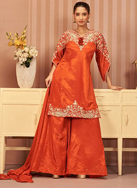 Orange Zari Sequins Flared Cuff Silk Palazzo Suit