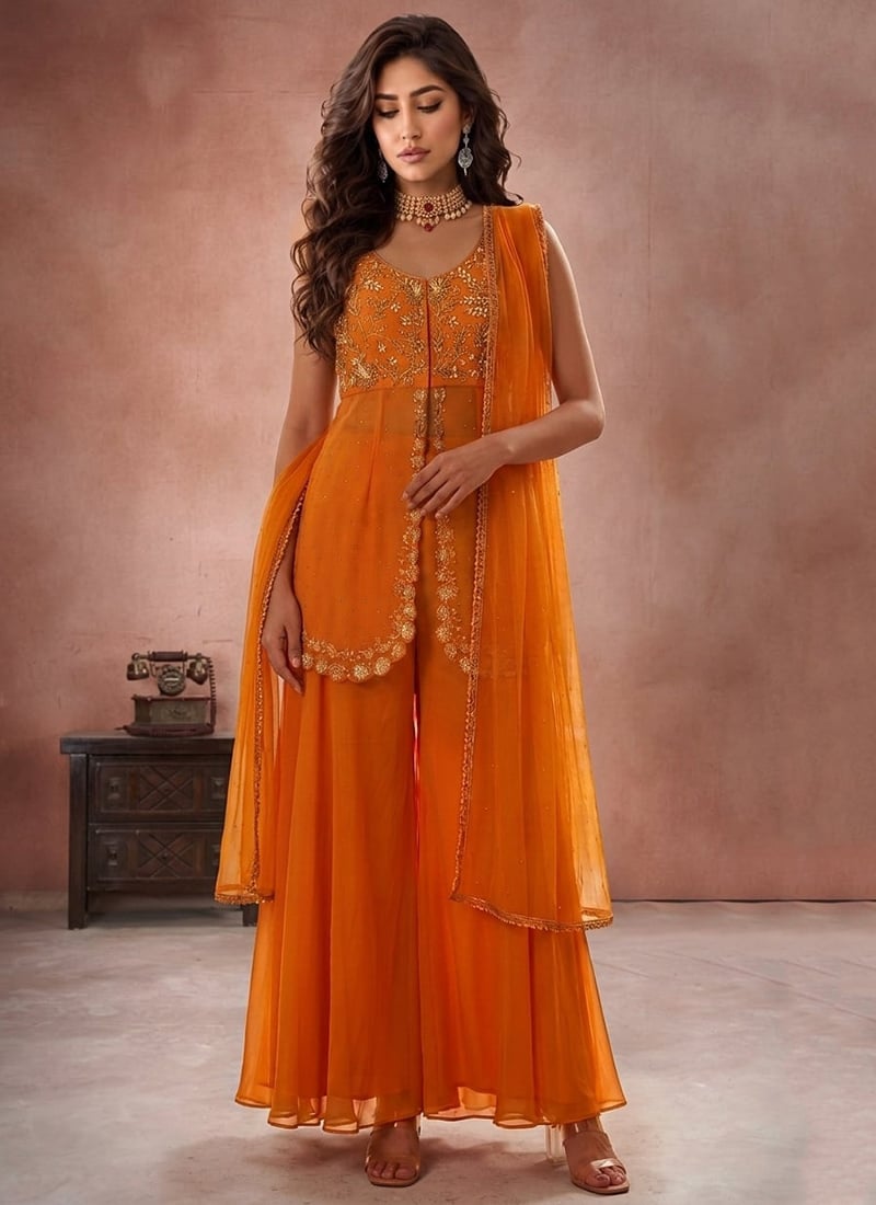 Orange Zari Sequins Hand Embroidered Georgette Sharara Suit Festive Wear