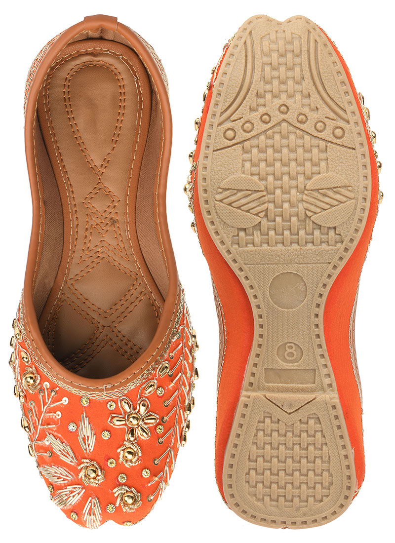 Orange Zari Zardosi Hand Embroidered Sequins Juti