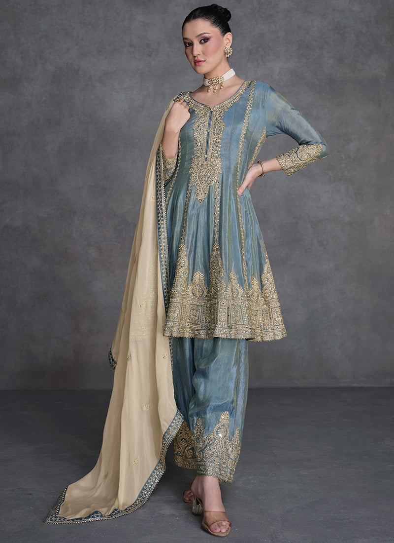 Organza Embroidered Mirror Work Anarkali Suit Party Wear