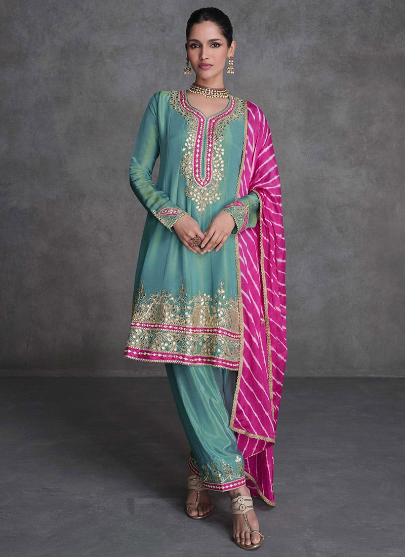 Organza Embroidered Mirror Work Anarkali Suit Party Wear
