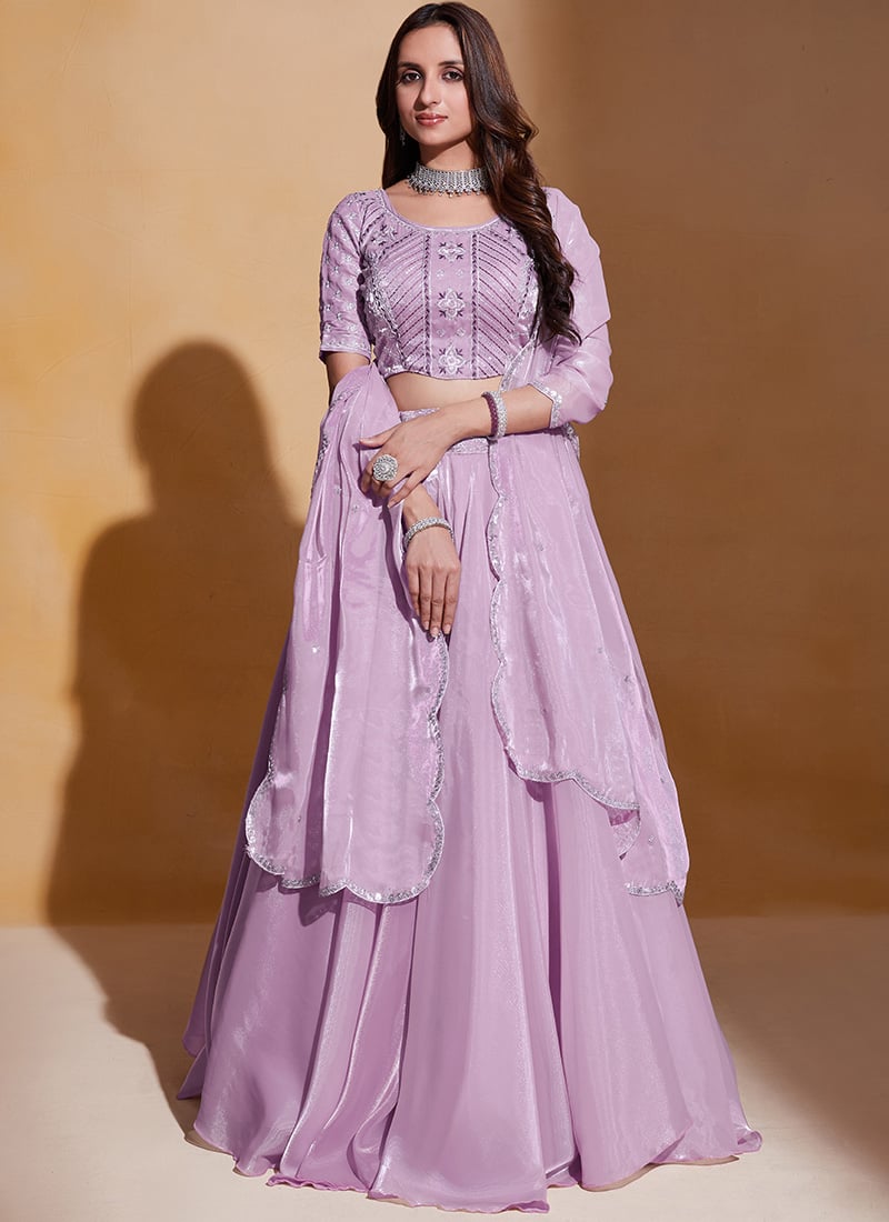 Organza Embroidered Umbrella Lehenga With U Neck And Half Sleeve Party Wear