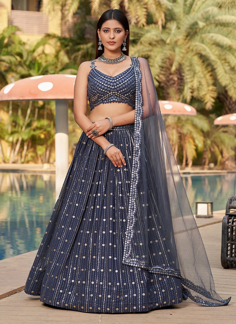 Ornate Faux Georgette Embroidered Zari Umbrella Lehenga Party Wear