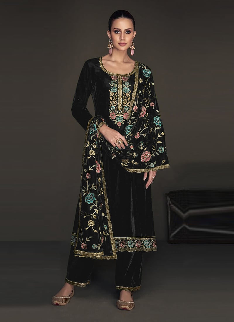 Ornate Velvet Embroidered Straight Pant Suit Party Wear
