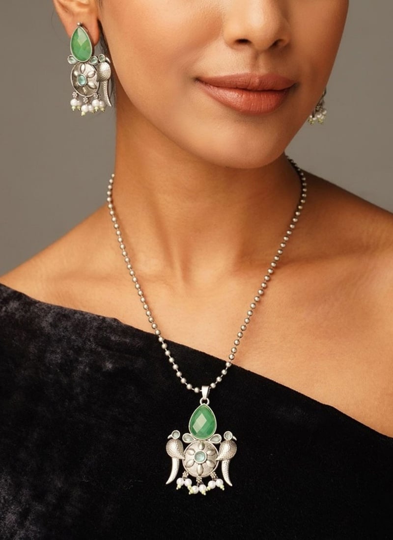 Oxidized Silver Peacock Motif Pendant Necklace Set After Six Wear