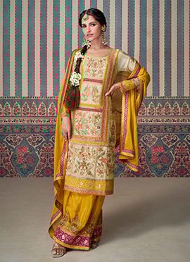 Pakistani Palazzo Suit In Beige Shimmer Silk With Embroidery And Stone Work