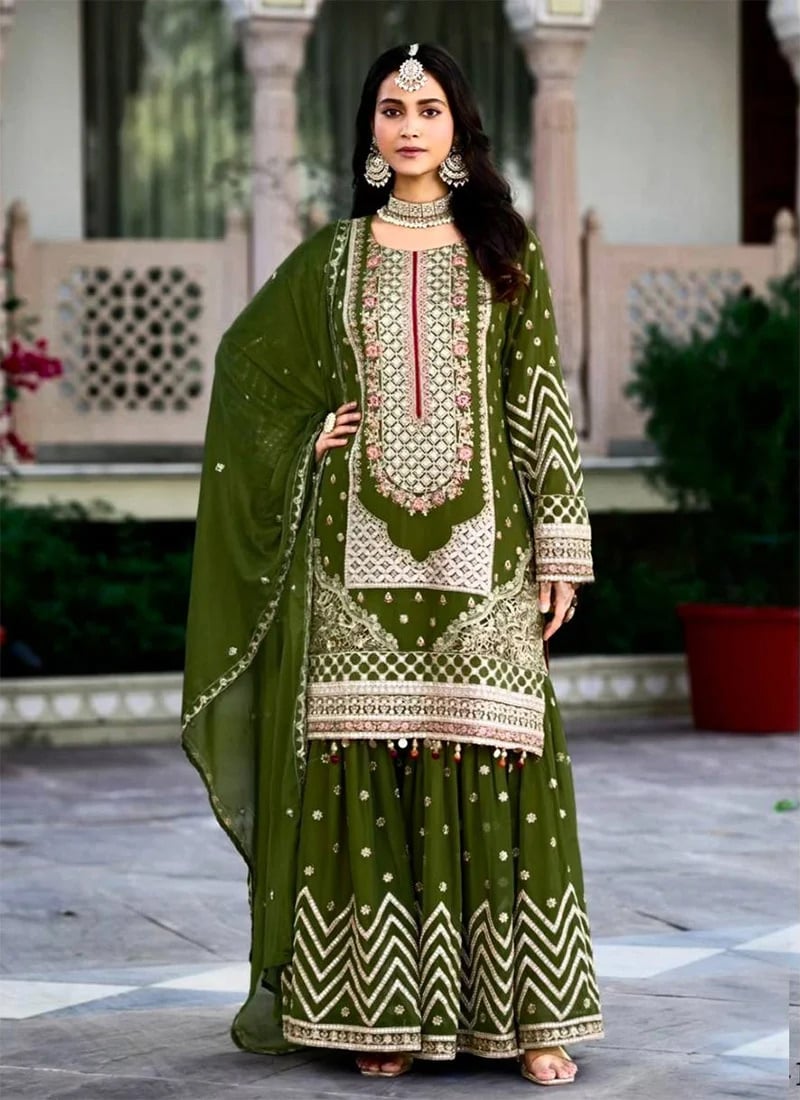 Pakistani Palazzo Suit In Olive Green With Embroidered Sequins Festive Wear