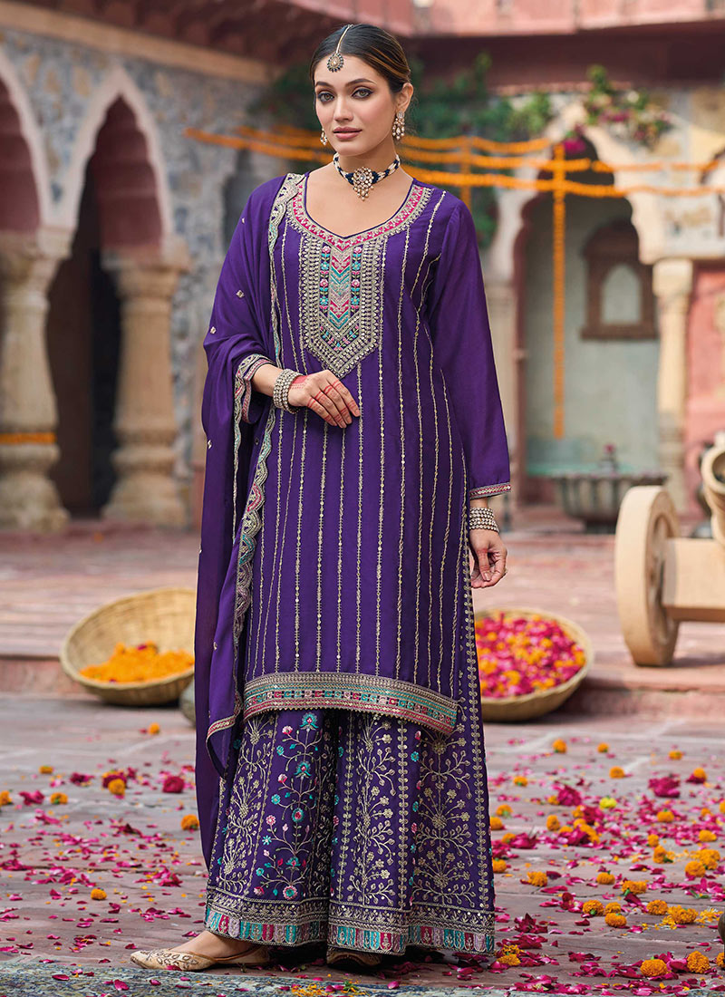 Pakistani Palazzo Suit In Purple Chinon With Embroidered Sequin Work Festive Wear