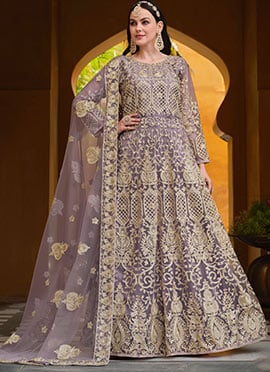 Pakistani Purple Anarkali Suit With Embroidered Stone Embossed For Engagement Parties