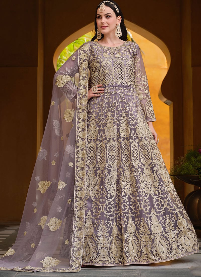 Pakistani Purple Anarkali Suit With Embroidered Stone Embossed For Engagement Parties Party Wear