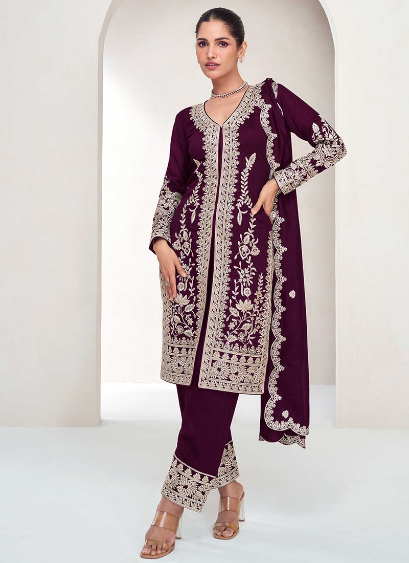 Pakistani Straight Pant Suit In Wine Silk Embroidered Sequins Wedding Wear