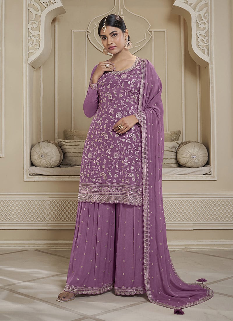 Pakistani Style Sharara Suit In Lavender Chinon Floral Embroidered Sequins Party Wear