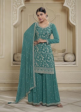 Pakistani Style Sharara Suit In Turquoise Chinon Floral Embroidered Sequins