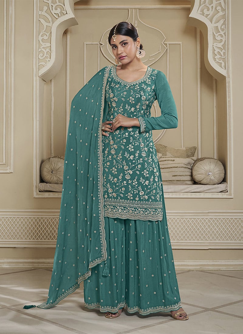 Pakistani Style Sharara Suit In Turquoise Chinon Floral Embroidered Sequins